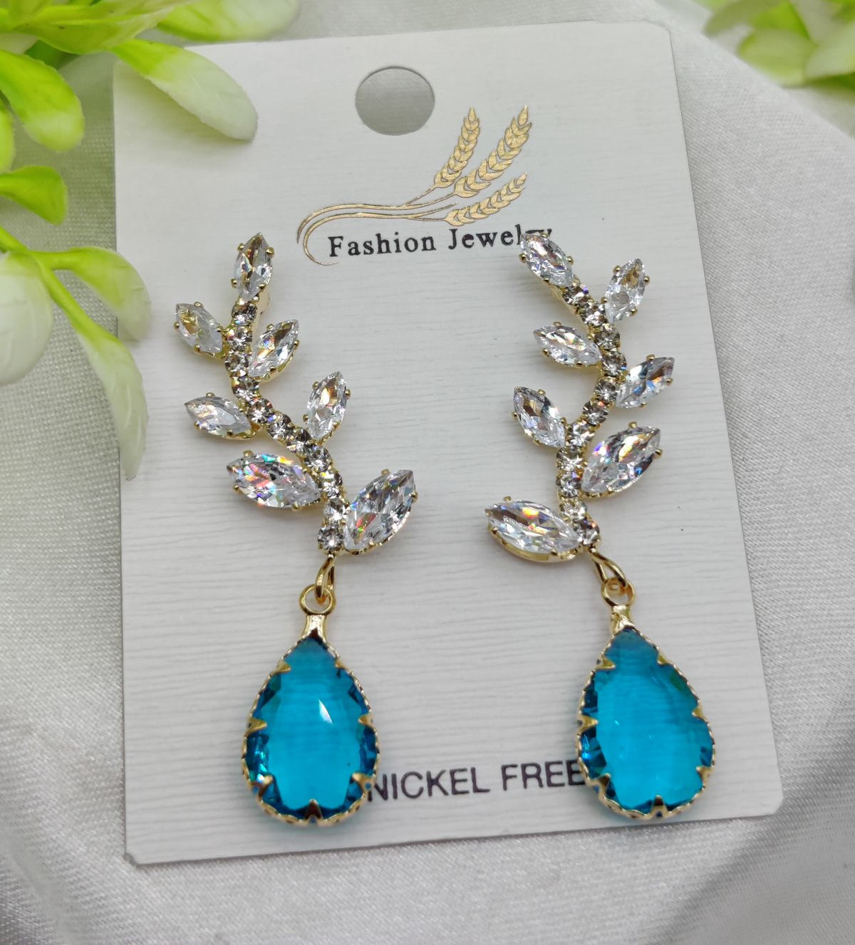 Imported Exquisite Crystal Vine Drop Earrings with Blue Gemstone Accent